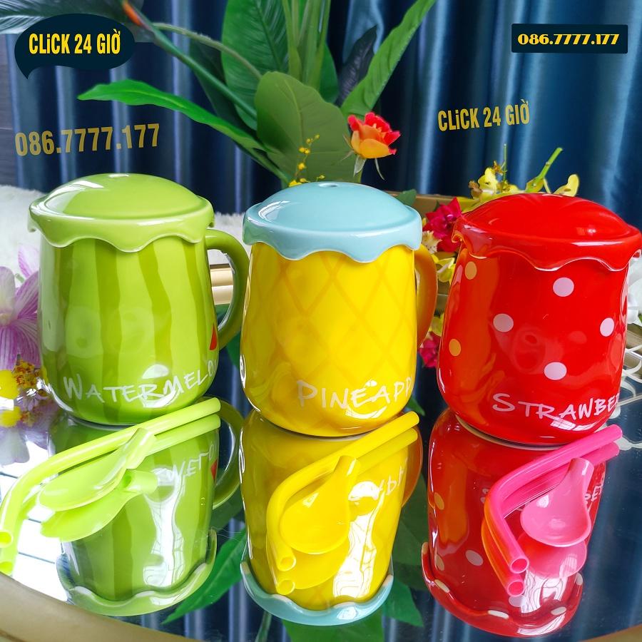 Ly Uống Nước Hình Dâu Tây Bằng Gốm Sứ Khử Chì - Size To Siêu Đẹp - Tặng Kèm Muỗng Và Ống Hút