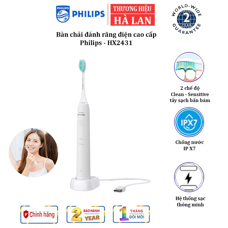 Bàn chải đánh răng điện Philips HX2431 CÓ 2 chế độ làm việc: Clean, Sensitive - HÀNG NHẬP KHẨU