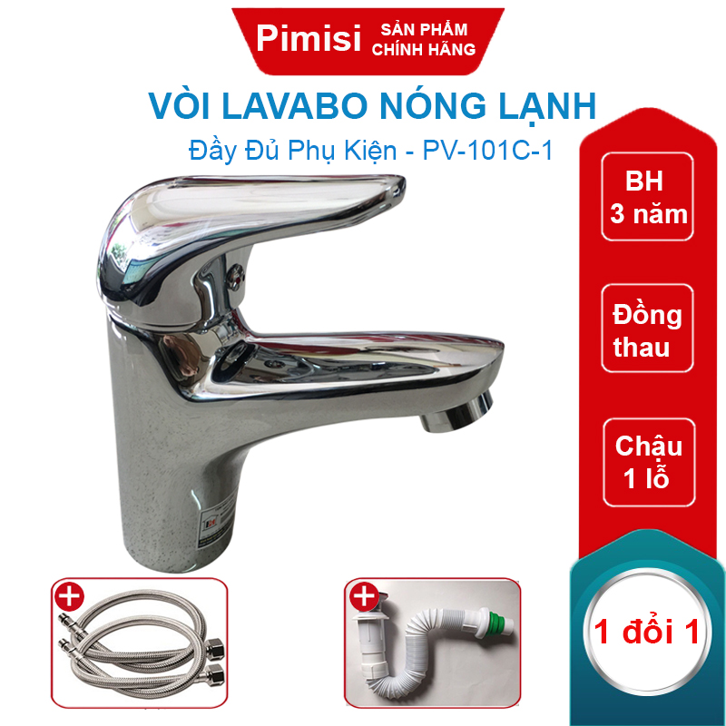Vòi chậu rửa mặt nóng lạnh Pimisi cho chậu lavabo 1 lỗ bằng đồng thau - mạ crom, niken sáng bóng dùng trong nhà tắm - điều chỉnh nước bằng gật gù nóng lạnh gắn trên bồn chậu rửa mặt treo tường - bàn đá - mặt trên chậu rửa | Hàng chính hãng