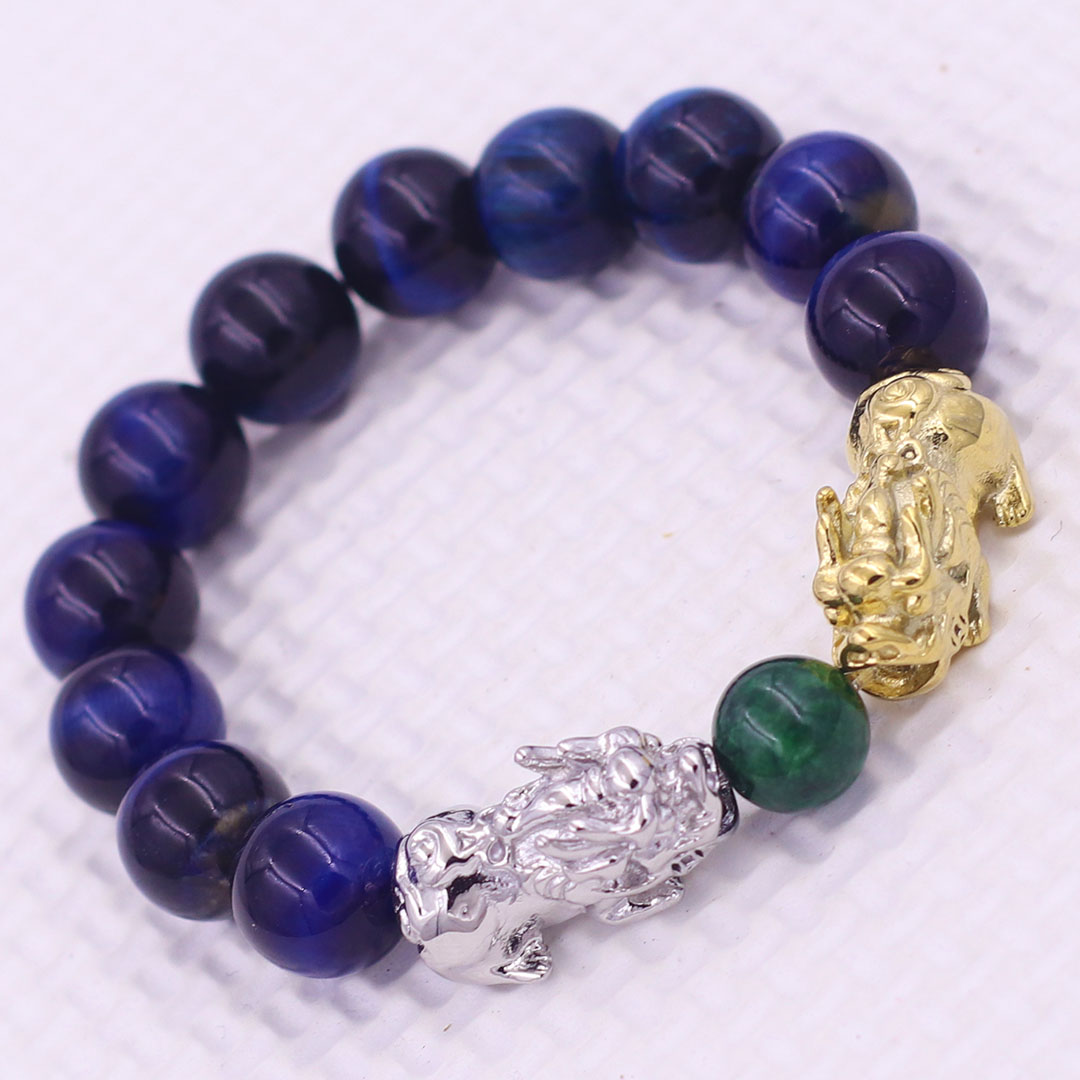 Vòng chuỗi đeo tay đá mắt hổ xanh đen 12 ly charm tỳ hưu đôi inox trắng và vàng, vòng chuỗi phong thủy, charm tỳ hưu, vòng tay hạt chuỗi