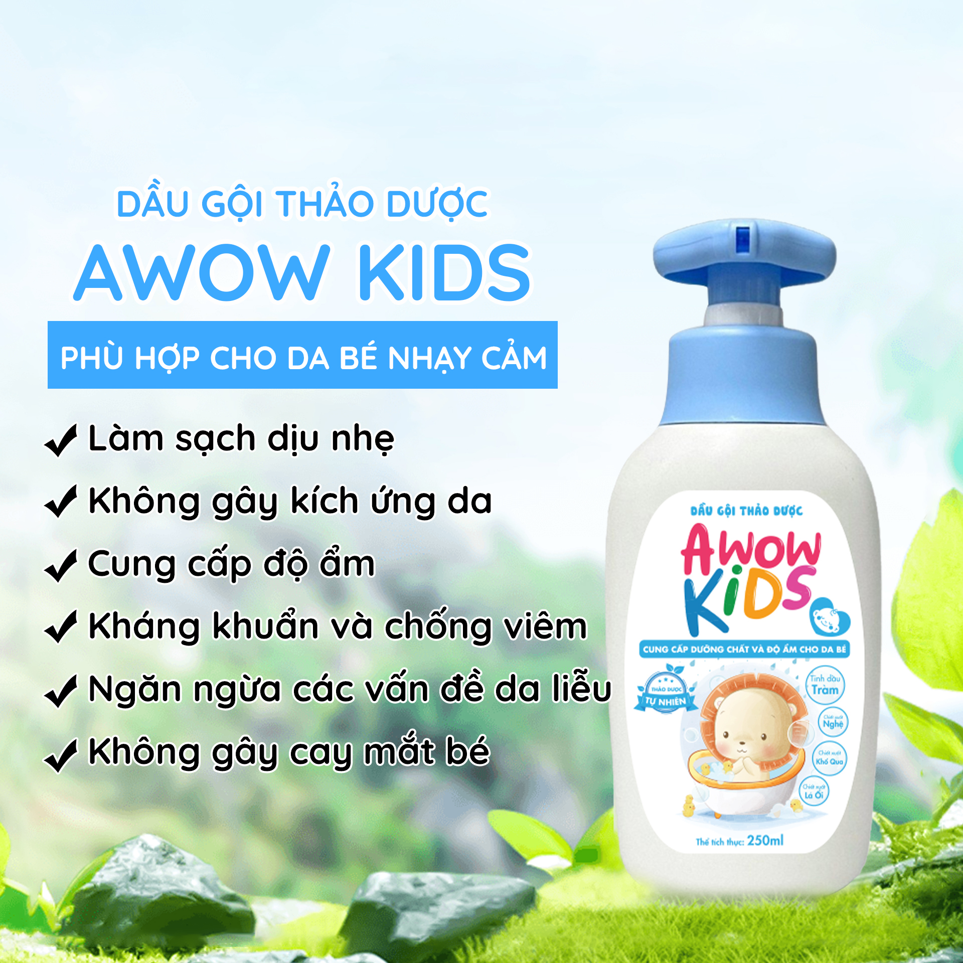 Dầu Gội Thảo Dược Cho Bé AWOW KIDS - Chiết Xuất Tinh Dầu Tràm Không Gây Cay Mắt Cho Bé