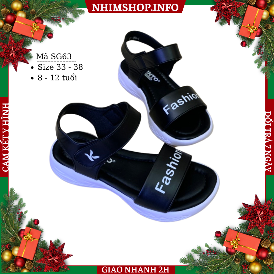 Dép sandal quai hậu bé gái KENTO quai ngang Fashione kiểu dáng thể thao năng động và cá tính, chất liệu da mềm êm, đế siêu nhẹ chống trơn màu đen cho trẻ em NHÍM SHOP SG63