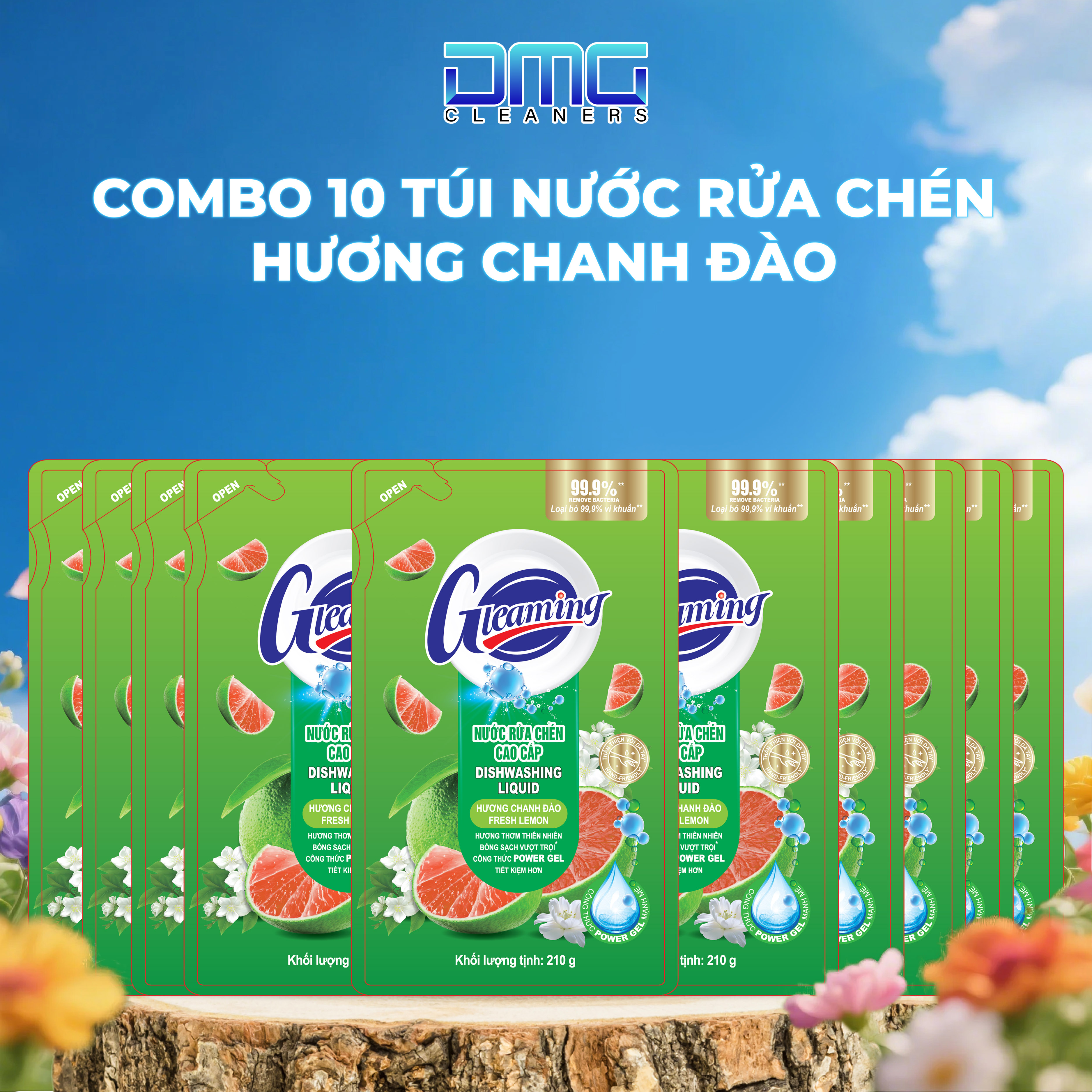 Combo 10 Túi Nước Rửa Chén Gleaming Hương Chanh Dây 200ml/Túi
