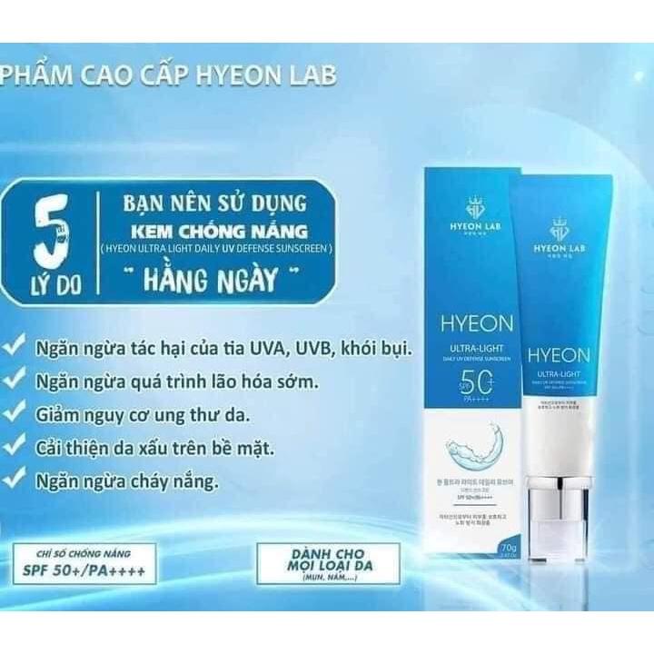 Hyeon Ultra Light Daily UV Defense Sunscreen|Kem Chống Nắng Hyeon Lab|Chỉ số SPF 50+ chống nắng mạnh mẽ, thẩm thấu nhanh