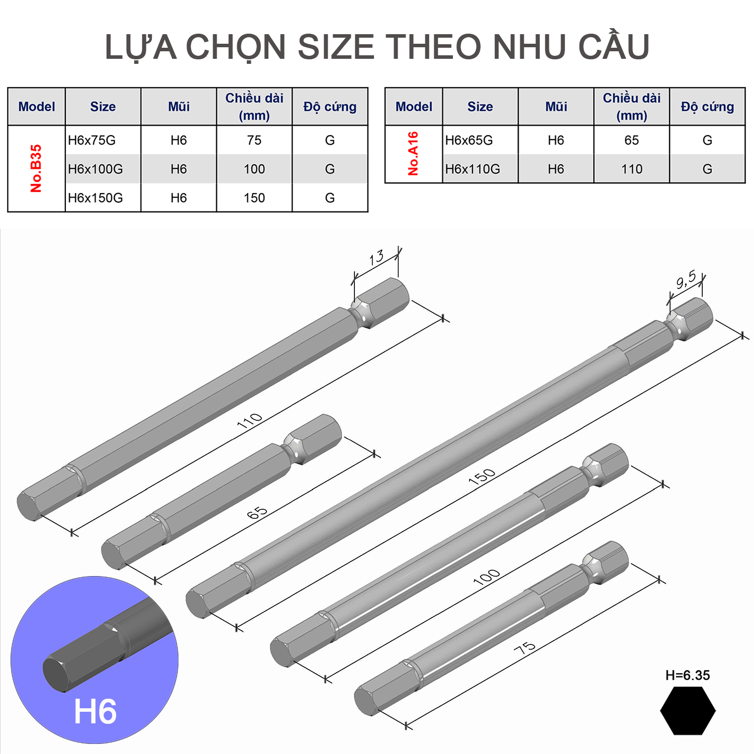 Mũi vặn vít đầu lục giác H6 chuôi lục giác H = 6,35 Vessel (Nhật Bản)