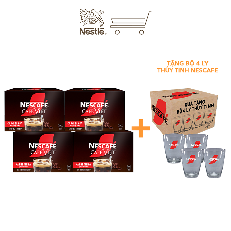 [Tặng bộ 4 ly thủy tinh] Combo 4 Hộp Cà phê đen hòa tan NESCAFÉ CAFÉ VIỆT (Hộp 15 gói x 16g)