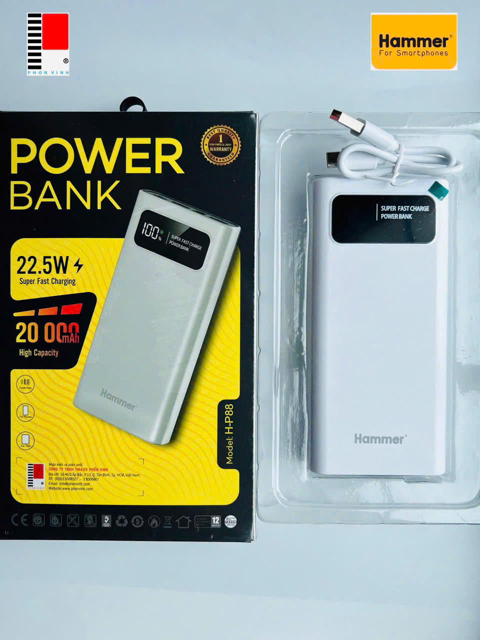 Sạc dự phòng Ham mer H-P88 22.5W - 20.000mAh, Kim Ánh cam kết hàng chính hãng bảo hành 12 tháng