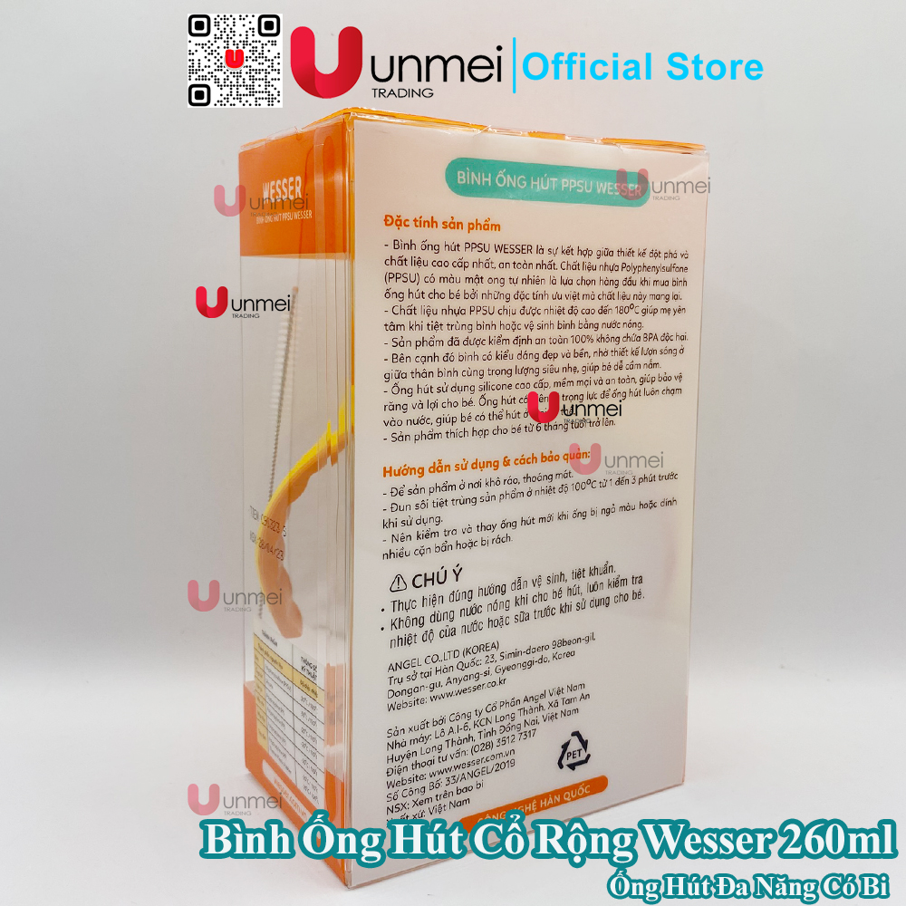 Bình Cổ Rộng Ống Hút PPSU Wesser , Bình Tập Uống Cho Bé Từ 6m+ Trở Lên, Có Tay Cầm Cho Bé