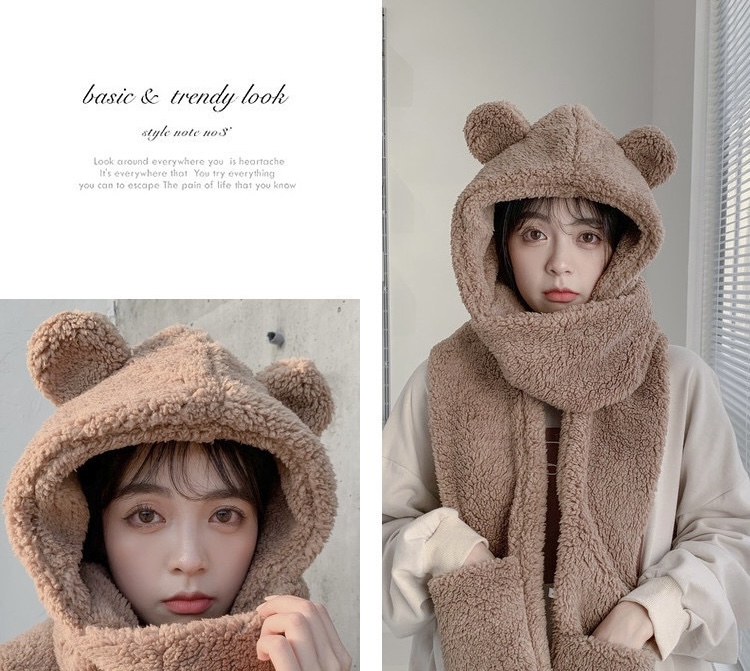 Mũ khăn quàng cổ mũ lông gấu có găng tay thời trang siêu dễ thương giữ ấm dành cho nữ