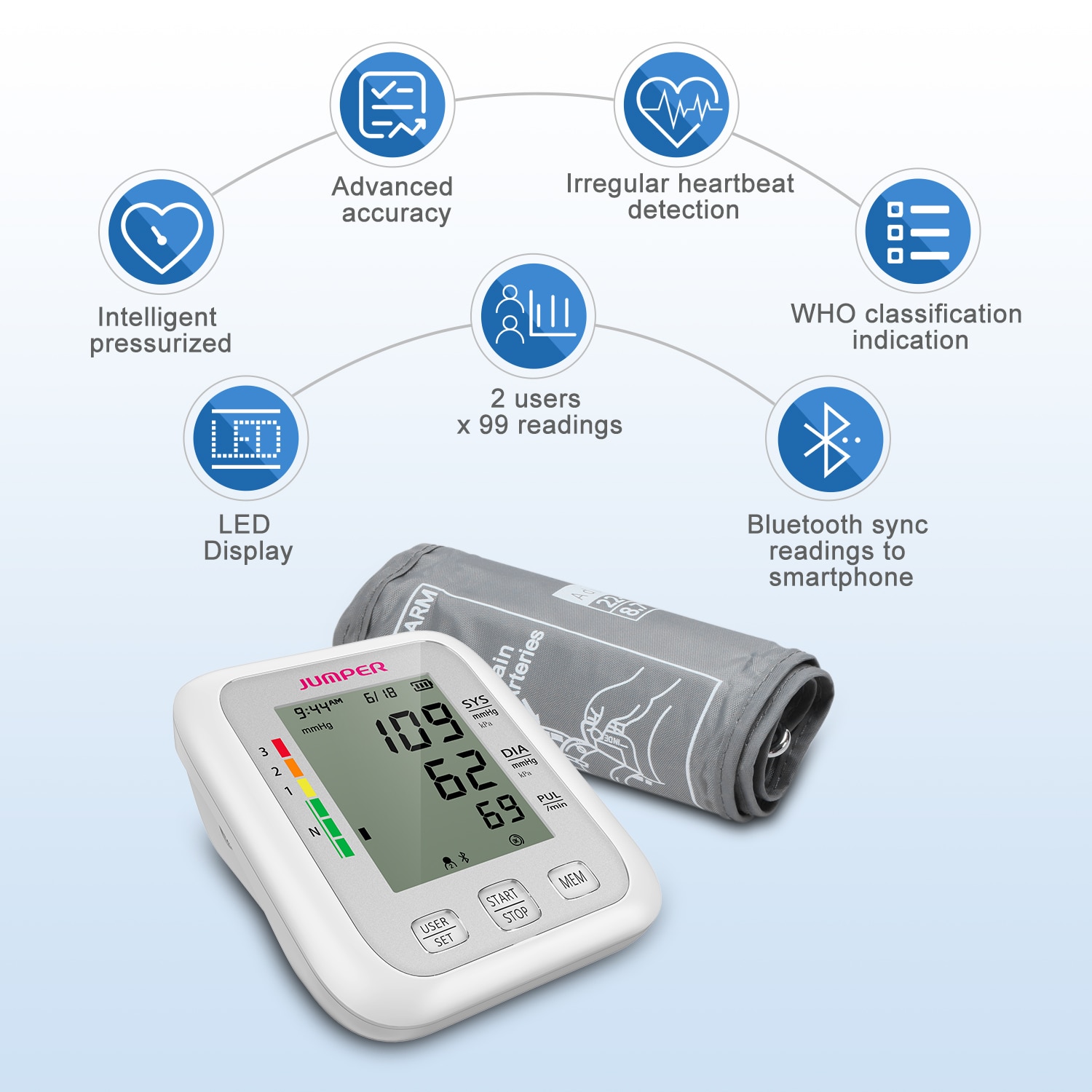 Máy đo huyết áp bắp tay Jumper JPD-HA120 chứng nhận FDA Hoa Kỳ (Bluetooth + APP điện thoại)