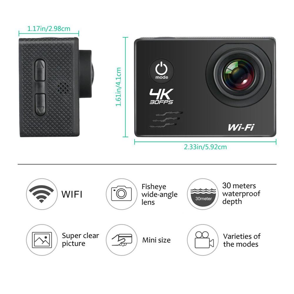 Camera hành động Ultra HD 4K 16.0MP WiFi 2.0 "Màn hình 170d dưới nước 30m Go Waterproof Pro Mũ bảo hiểm Ghi máy ảnh Sport Camer