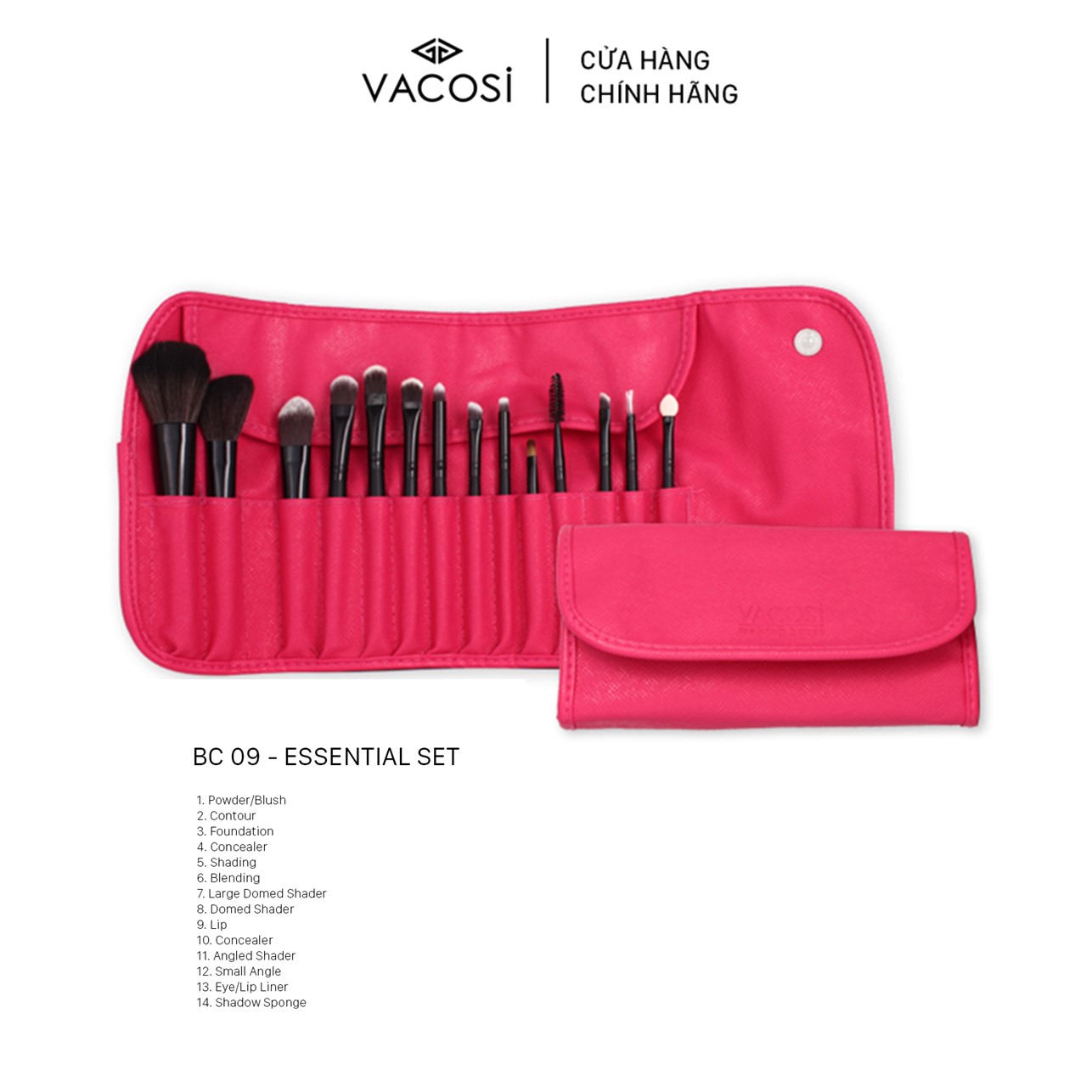 Bộ Cọ Cá Nhân 14 cây &amp; Bóp da Hồng - BC09 VACOSI ESSENTIAL BRUSH SET - 14 PCS