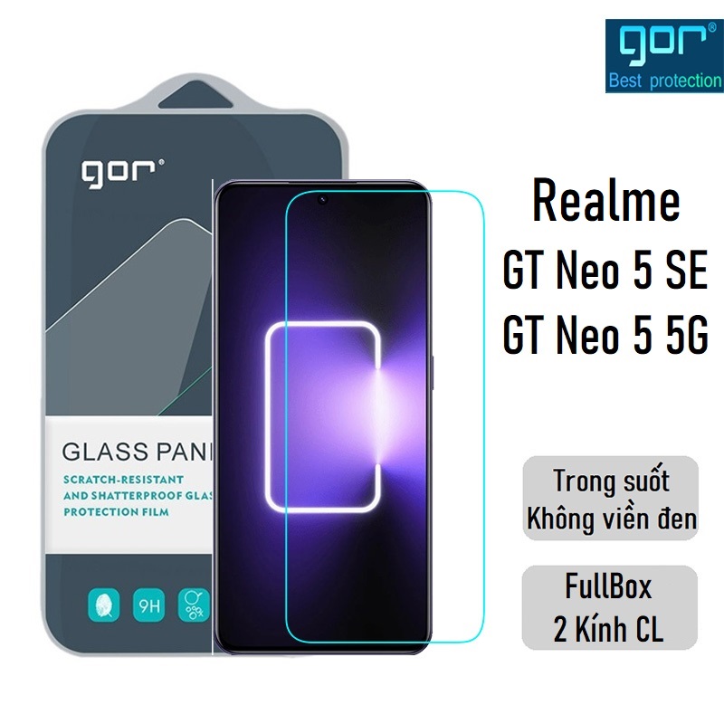 Bộ 2 Kính Cường Lực Gor cho Realme GT Neo 5 SE/ Realme GT Neo 5 5G Trong Suốt, Không Viền Đen 9H/ Vát 2.5D - Fullbox.