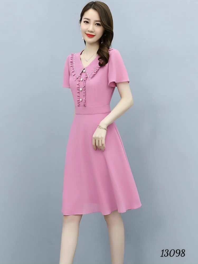 Đầm váy nữ trung niên voan ép đá dự tiệc dạo phố đỏ hồng cao cấp