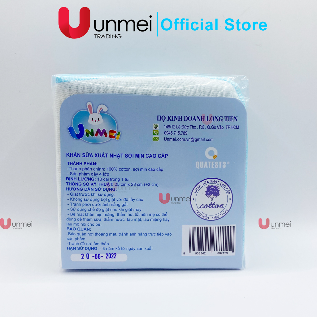 Khăn Sữa Unmei Xuất Nhật Sợi Mịn, Dày 4 Lớp Dành Cho Bé Từ Sơ Sinh (Kích Thước 25x28cm) - Khăn Xô Loại Chất Lượng, Giao Mẫu Ngẫu Nhiên