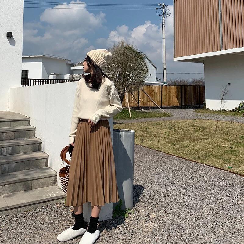 Chân váy xếp ly dáng dài hàng QC