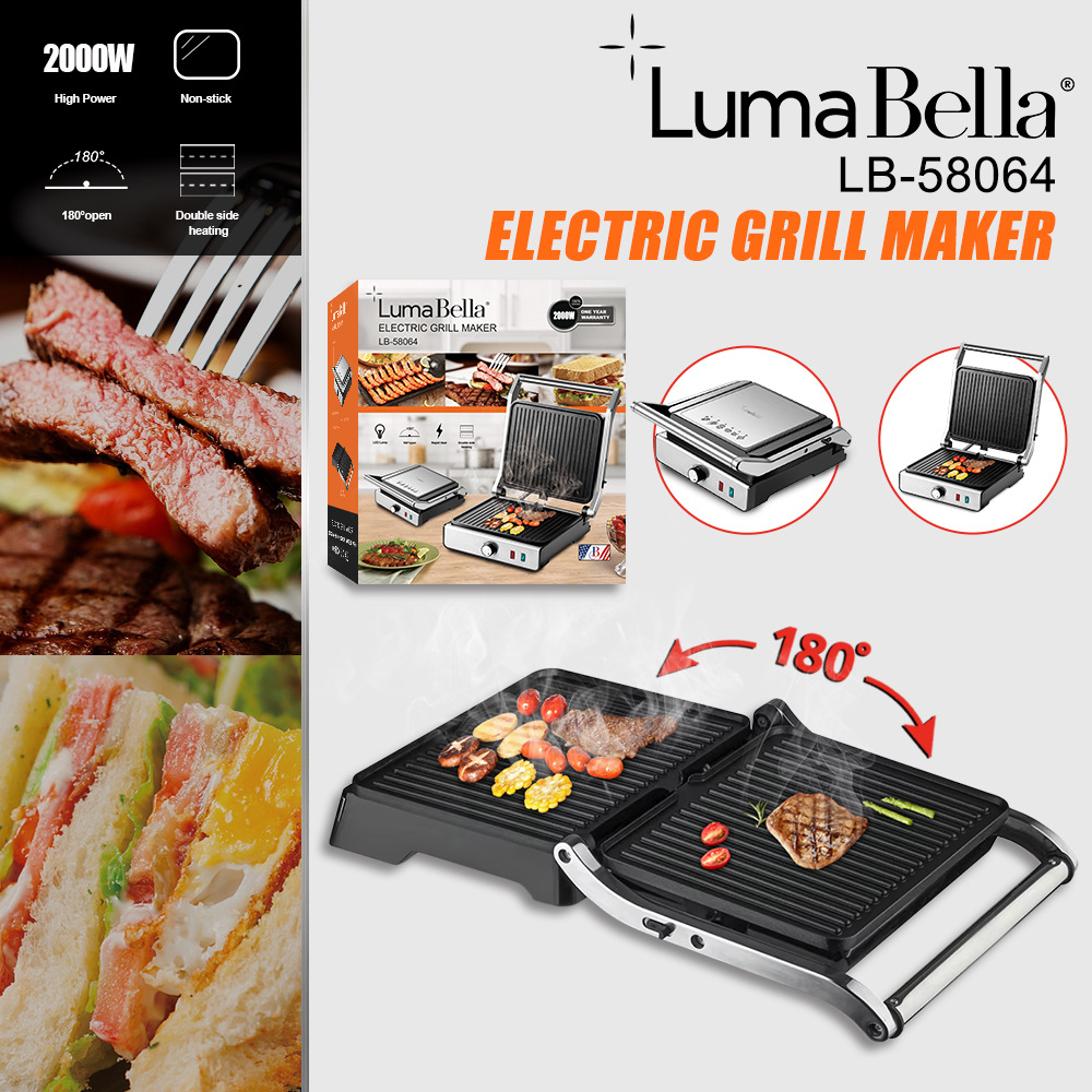 Máy kẹp nướng đa năng Lumabella LB-58064 công suất cao 2000W, nướng bánh mì, thịt, hotdog nhanh chín - DELIYA HÀNG CHÍNH HÃNG