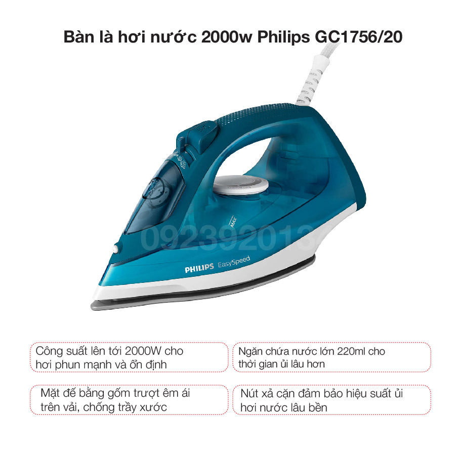 Bàn là hơi nước 2000w Philips GC1756/20 - Hàng chính hãng