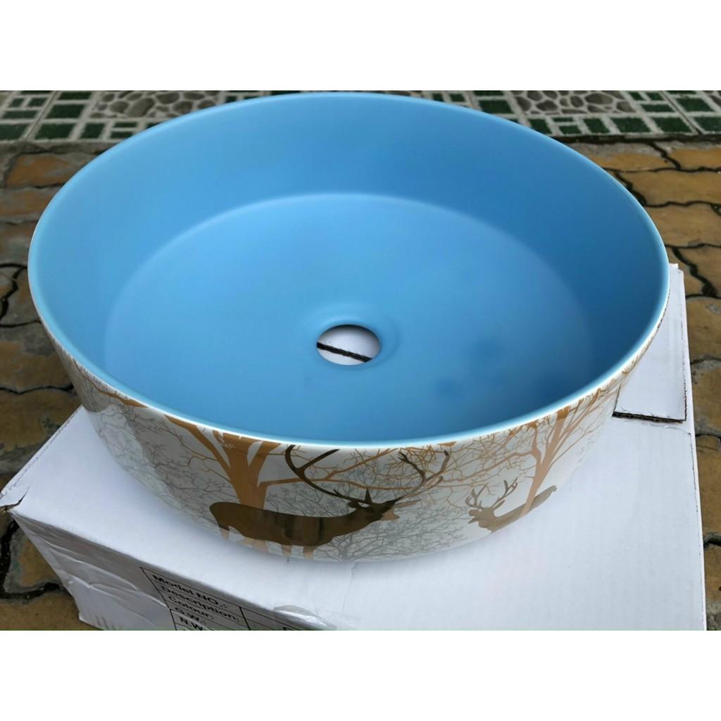 Chậu sứ tròn lavabo để bàn màu trắng xanh họa tiết hươu nai