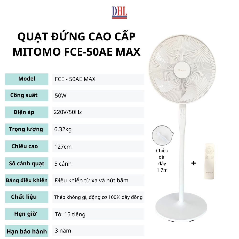 Quạt lửng Mitomo FCE - 50AE MAX, có điều khiễn từ xa, hẹn giờ, hoạt động siêu êm -hàng chính hãng