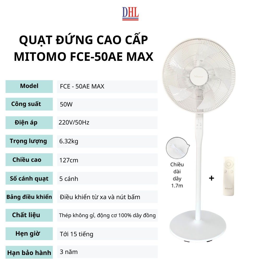 Quạt lửng Mitomo FCE - 50AE MAX, có điều khiễn từ xa, hẹn giờ, hoạt động siêu êm - hàng chính hãng