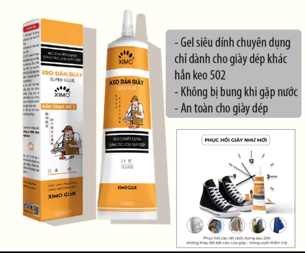 KEO DÁN GIÀY NHẬT BẢN XIMO ĐA NĂNG TRONG SUỐT SIÊU DÍNH 30 ML TẶNG MIẾNG CHÀ NHÁM VÀ DÂY CỐ ĐỊNH VẾT DÁN – HÀNG CHÍNH HÃNG