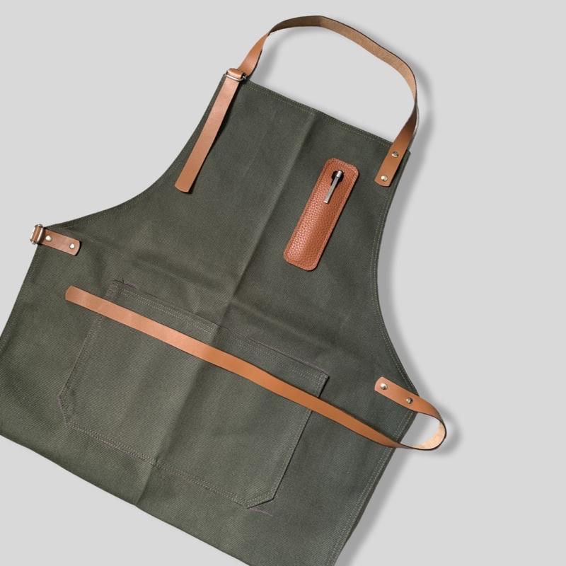 Tạp dề pha chế vải canvas dây da của Junsleather phối da bò cao cấp dành cho Barista/Bartender quán cà phê