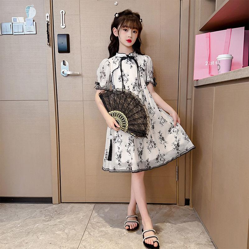 DONGSHOP HOT Cô gái mảnh hoa sườn xám đầm mùa hè 2023 trẻ em tây mùa hè đầm cô gái tay áo ngắn chiffon váy công chúa