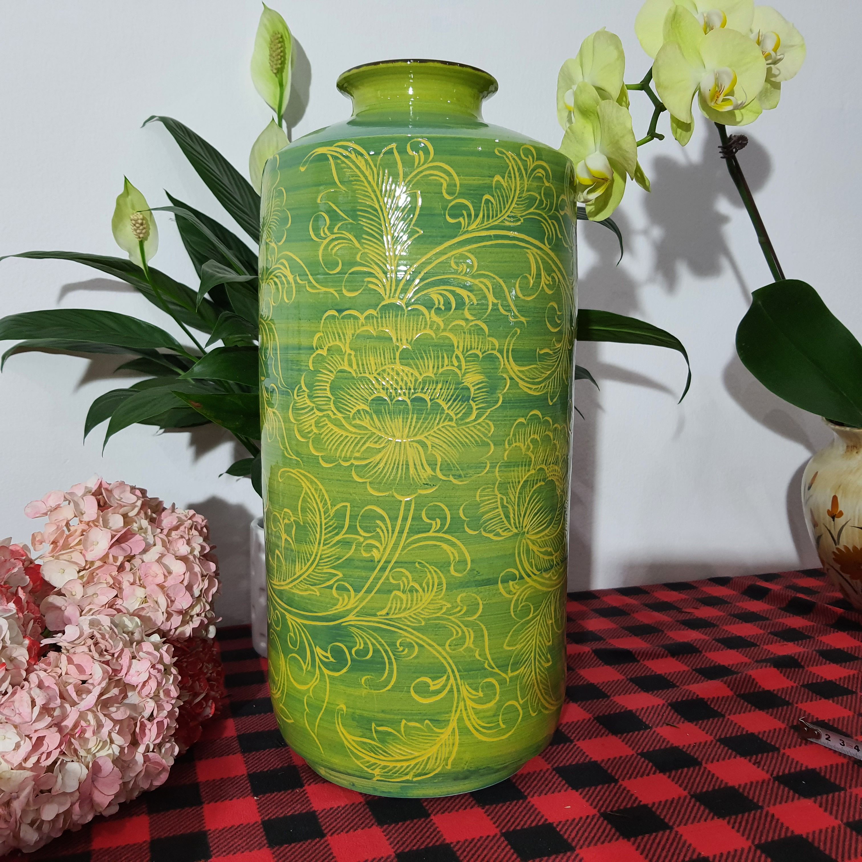 Bình hoa gốm bát tràng cao cấp vuốt tay đọc bản mầu xanh vàng H41