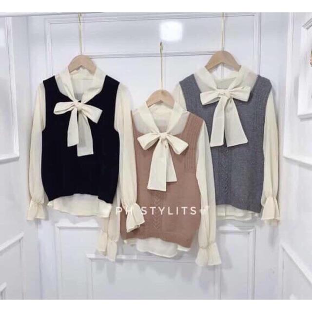 Set áo len sơ mi cổ nơ