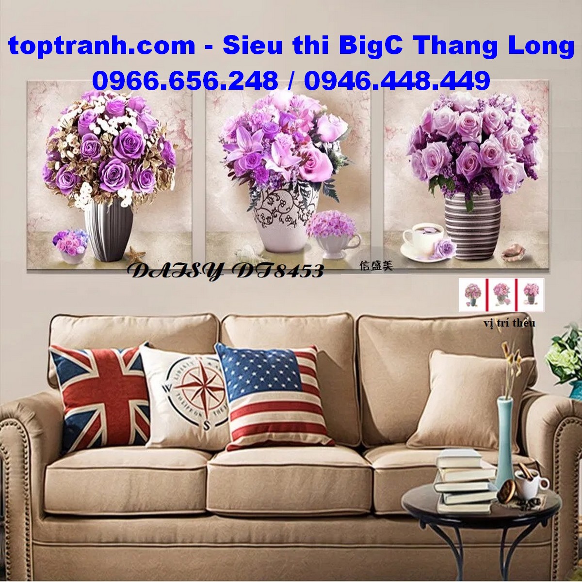 Tranh thêu chữ thập bộ 3 bình hoa hồng tím treo cầu thang, phòng khách DT8453 chưa thêu