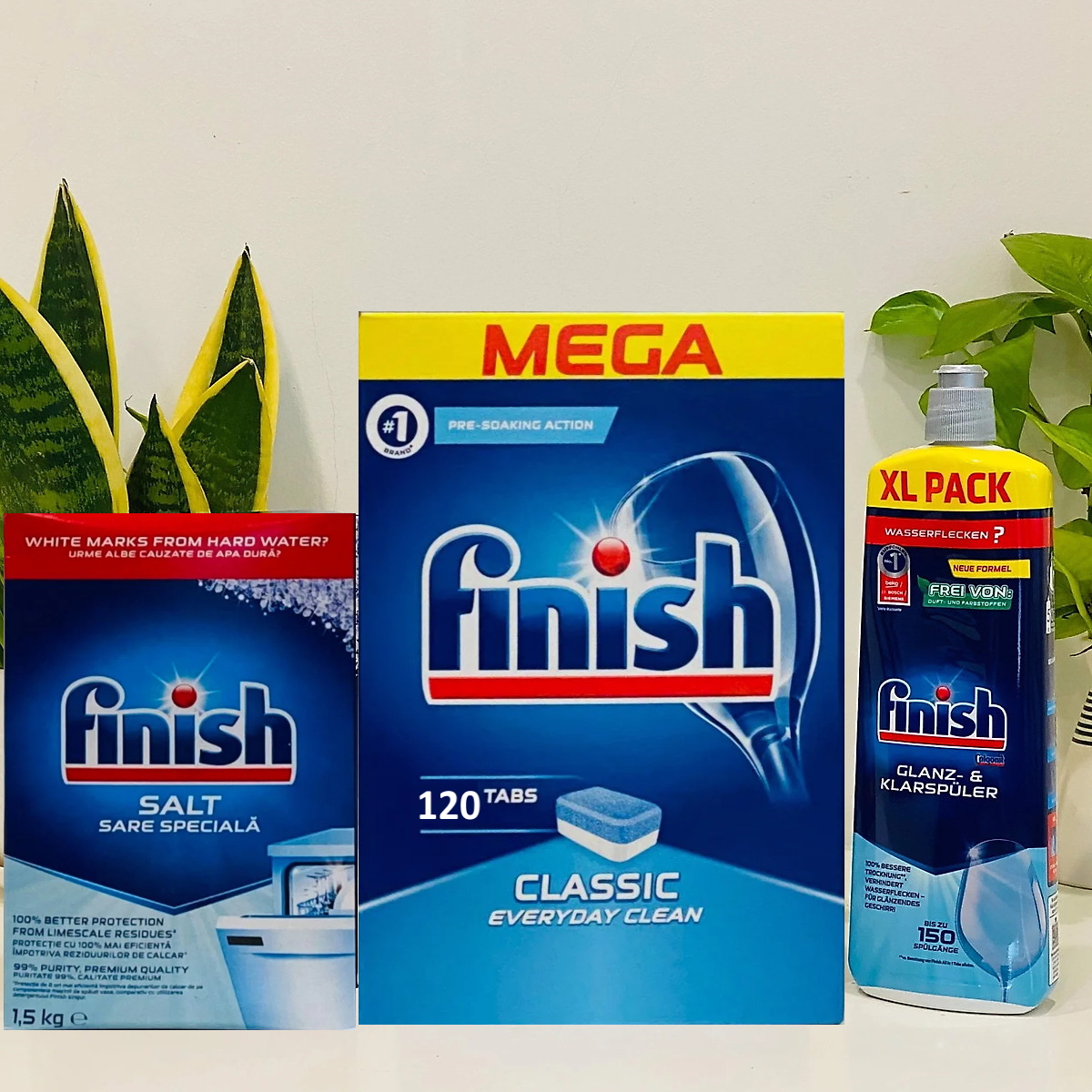 Combo muối rửa bát Finish 1,5kg+viên rửa bát Finish 120 viên+Nước làm bóng bát chén finish 800ml