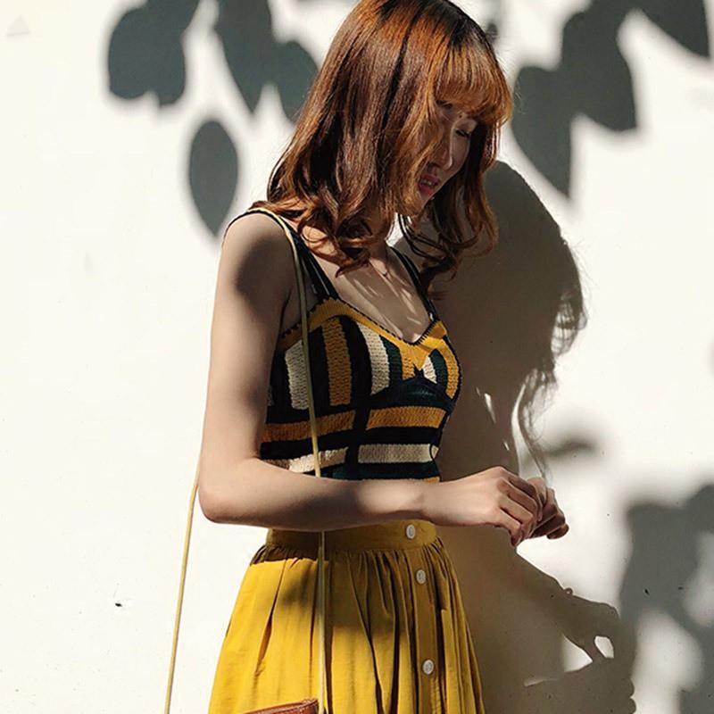 Áo dệt kim cộc tay cổ chữ V họa tiết kẻ sọc thời trang nữ