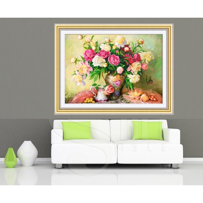 Tranh đính đá bình hoa mẫu đơn khoe sắc 75x55cm - chưa đính