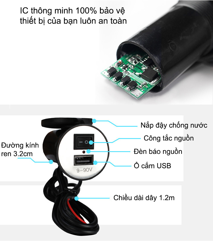 Bộ chế sạc điện thoại cho xe máy, xe motor