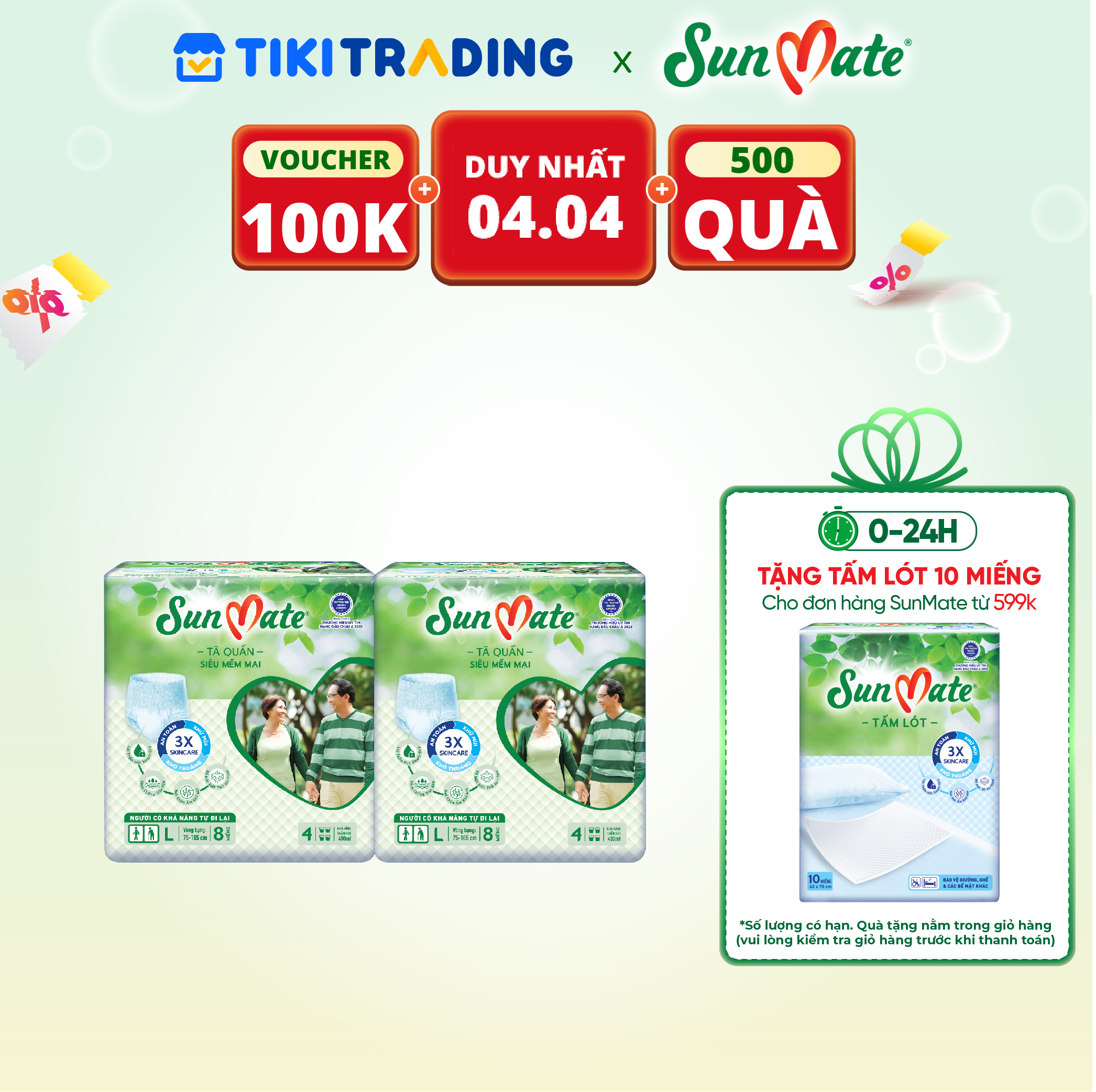 Combo 2 Tã Quần Người Lớn Sunmate Mềm Mại L8 8 Miếng