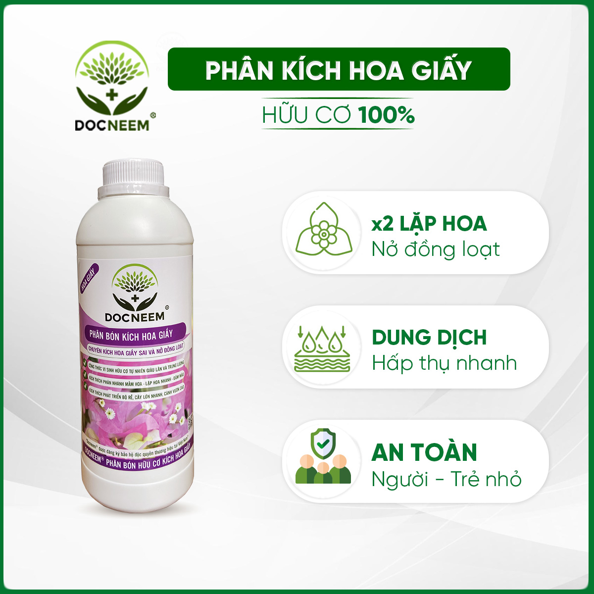 Phân bón hoa giấy DOCNEEM, kích bông giấy ngũ sắc, cẩm thạch, thái, mỹ sai hoa, lặp hoa nhanh, nở đồng loạt, chai 1 lít