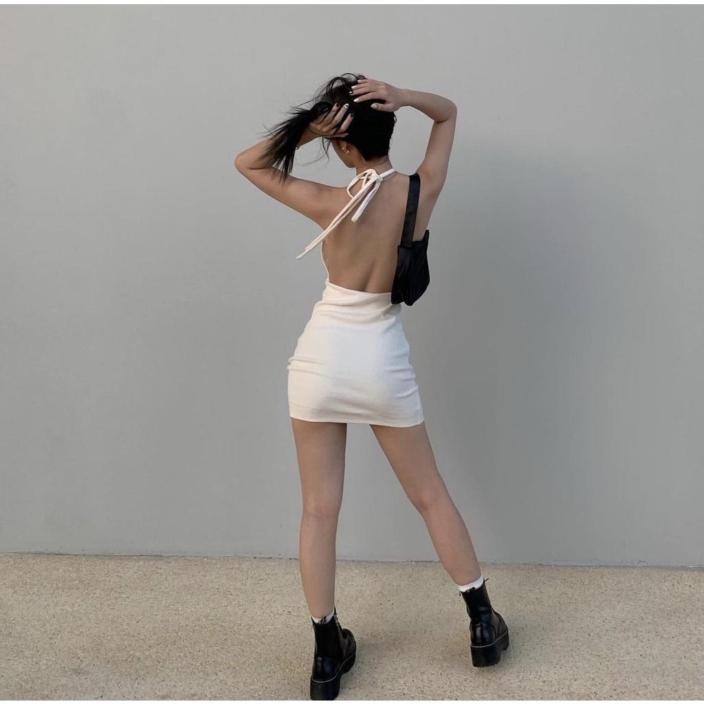 Đầm body sexy hở lưng hở eo váy ôm cổ yếm hở vai cột dây quyến rũ sang chảnh màu trắng thun gân carrotxinhdep