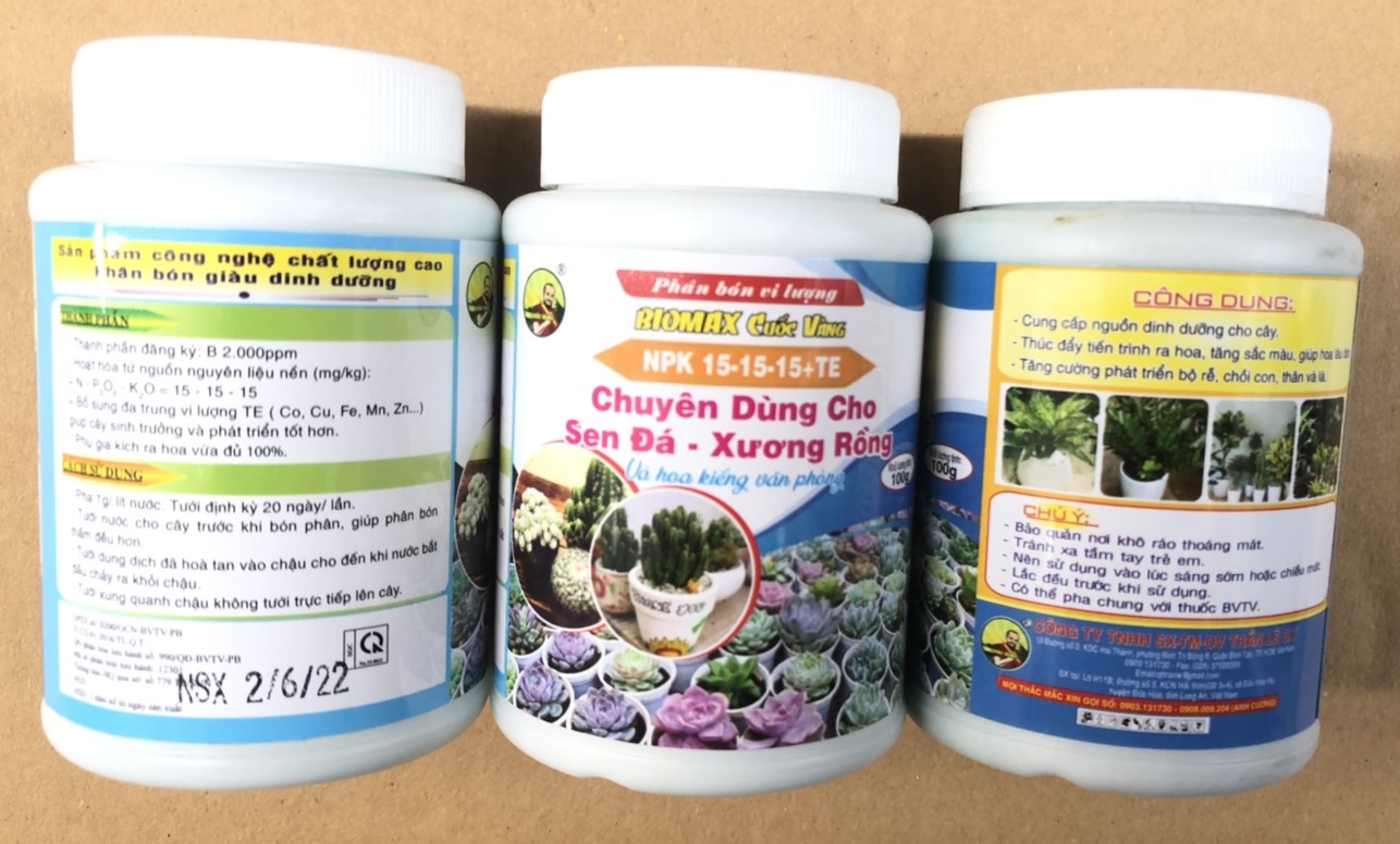 Phân bón vi lượng NPK 15-15-15 + TE chuyên cho sen đá, xương rồng và hoa kiểng văn phòng - chai 100 gram Biomax