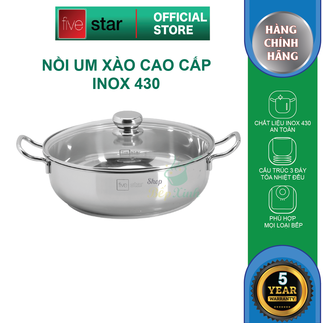 Nồi lẩu um xào đa năng đáy từ Five star nắp kính