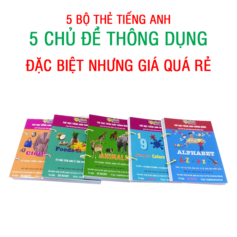 5 Bộ flashcard Tiếng Anh 5 chủ đề thông dụng (KHỔ LỚN A5), có phát âm, hình ảnh sinh động