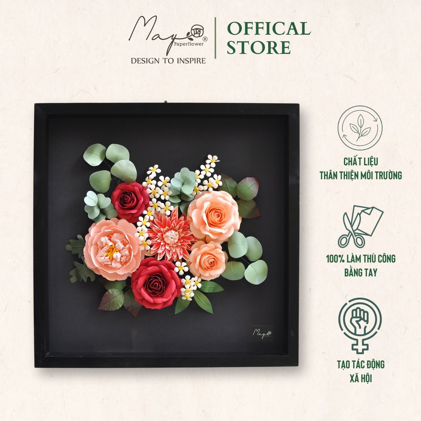 Tranh hoa giấy handmade trang trí cao cấp SNAPSHOT New Spring Black 40x40cm - Maypaperflower Hoa giấy nghệ thuật