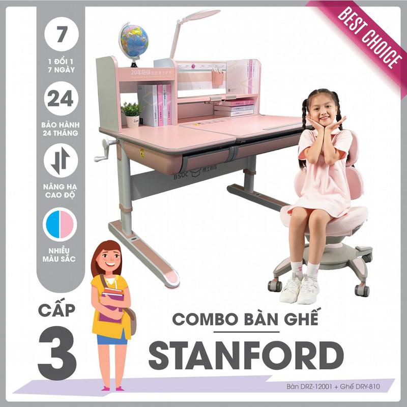 Bộ bàn ghế học sinh cấp 3 SMLIFE STANFORD - Hồng | Bàn: 120cm x 73cm x 53-78cm (mặt bàn nâng hạ điện tử) | Ghế: D48 x R46cm x C74-88cm.