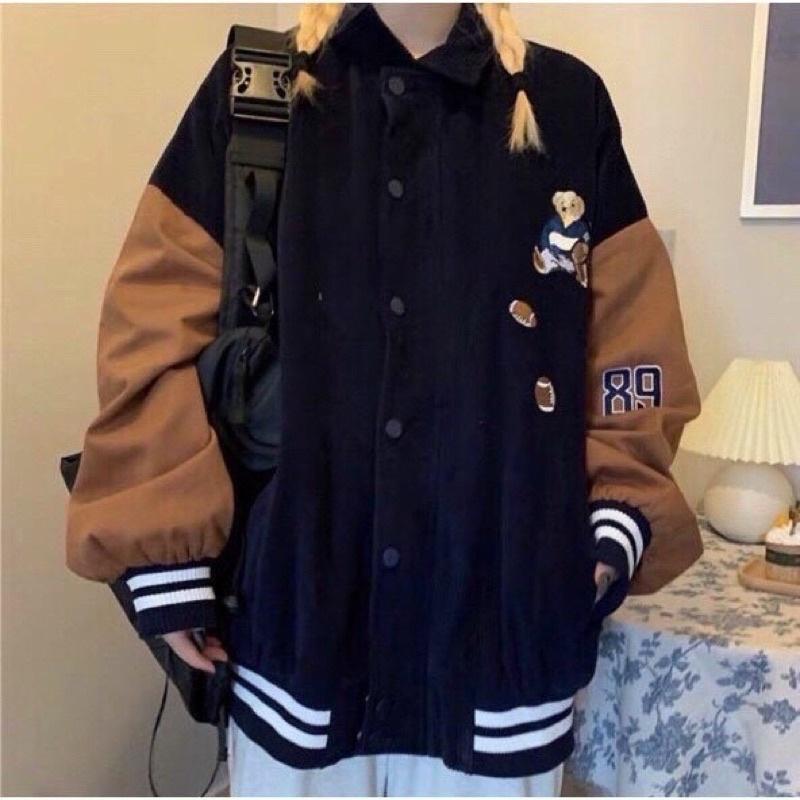 Áo khoác nhung bomber, áo bomber nhung gân maẫ thêu hình gấu, Áo Khoác Bomber Nhung 2 Lớp