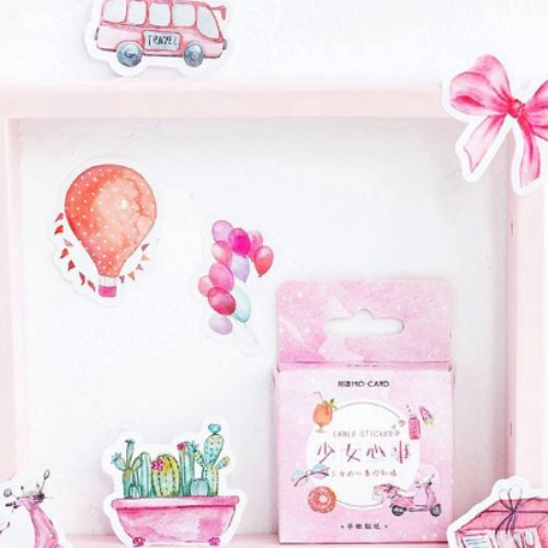 Hộp 46 Miếng Dán Sticker Hình Cây Cherry Màu Hồng Xinh Xắn Trang Trí Sổ Thiệp
