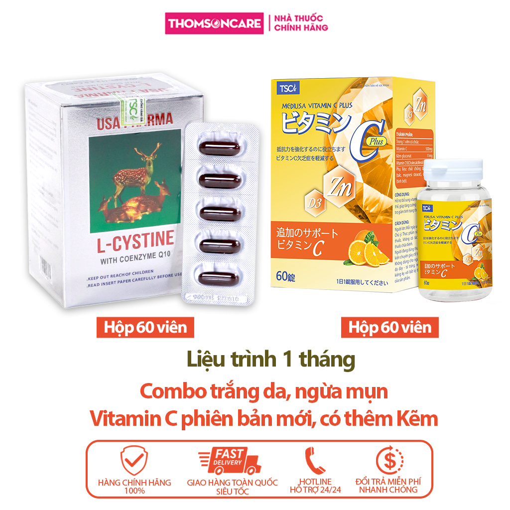 Combo viên uống trắng da Lcystine 60v và Vitamin C TSC Group có kẽm 60v giúp tóc chắc khỏe tăng đề kháng cho cơ thể và bổ sung Vitamin c và kẽm - Thomsoncare