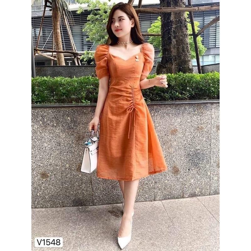 Đầm đũi xòe tay phồng, cổ vuông rút dây xinh lung linh