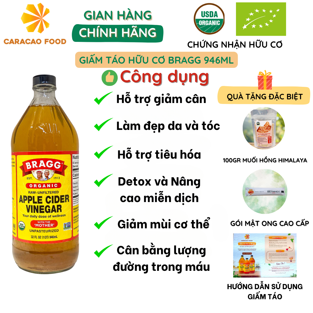 [Mua 1 Được 3] Giấm táo hữu cơ BRAGG 946ml Hàng Mỹ Chính Hãng - Dấm táo Giảm Cân Ăn Kiêng Eatclean
