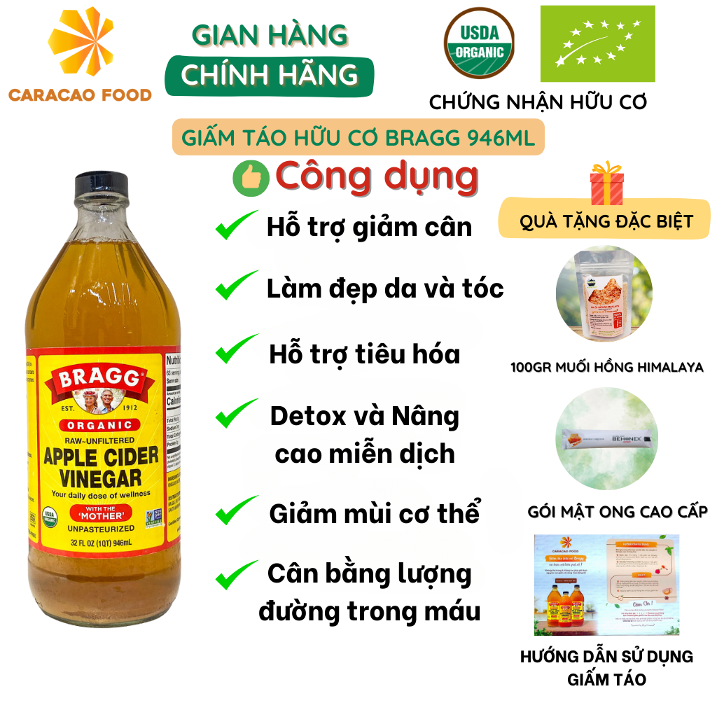 [Mua 1 tặng 3] Giấm táo hữu cơ Bragg 946ml, Giấm táo tốt cho sức khỏe, Giấm táo nguyên chất