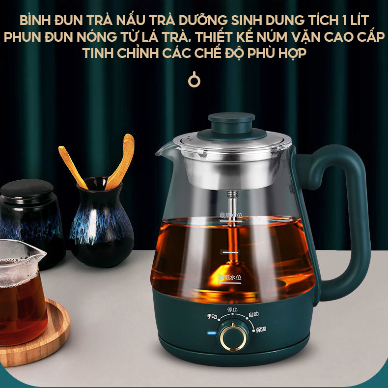 Bình Đun Điện Nấu Trà Dưỡng Sinh Có Đế Rời, Dung Tích 1 Lít Nấu Trà Nấu Nước Giữ Nhiệt Đa Năng